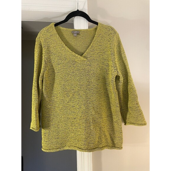 Medium J. Jill V-Neck 3/4 Sleeve Cotton Chartreuse Green Sweater Minimalist Cozy - Picture 1 of 8